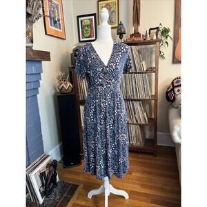 LL Bean S Floral Jersey Knit Dress Wrap Fit Flare Midi Classic Blue Purple